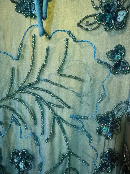 VNTG Caché 100% SILK Beaded Fairy Gown Y2K Teal Blue Handkerchief Hem SZ 6 - Picture 5 of 8